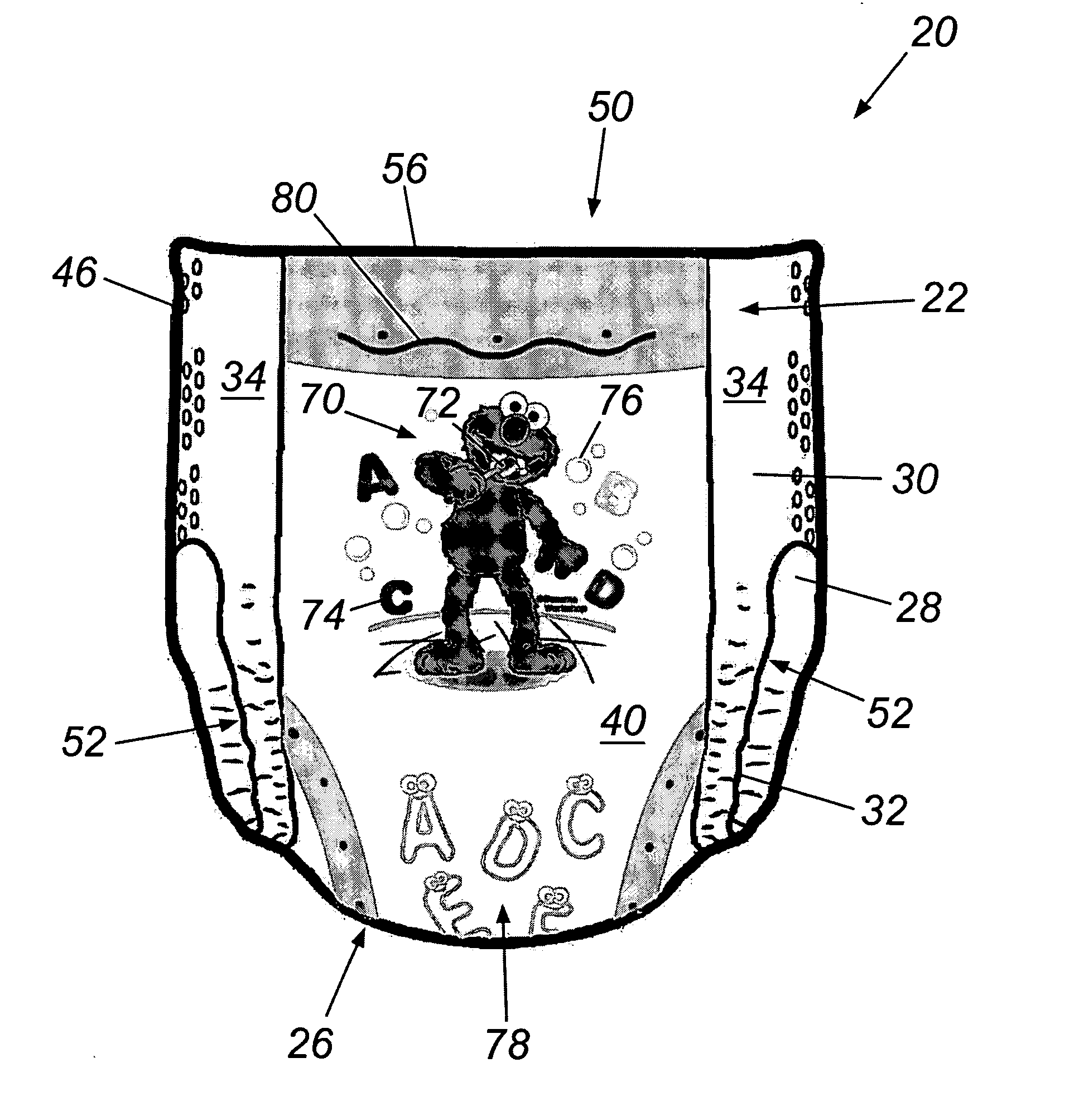 Absorbent articles having wetness-indicating character graphics providing an interactive training aid