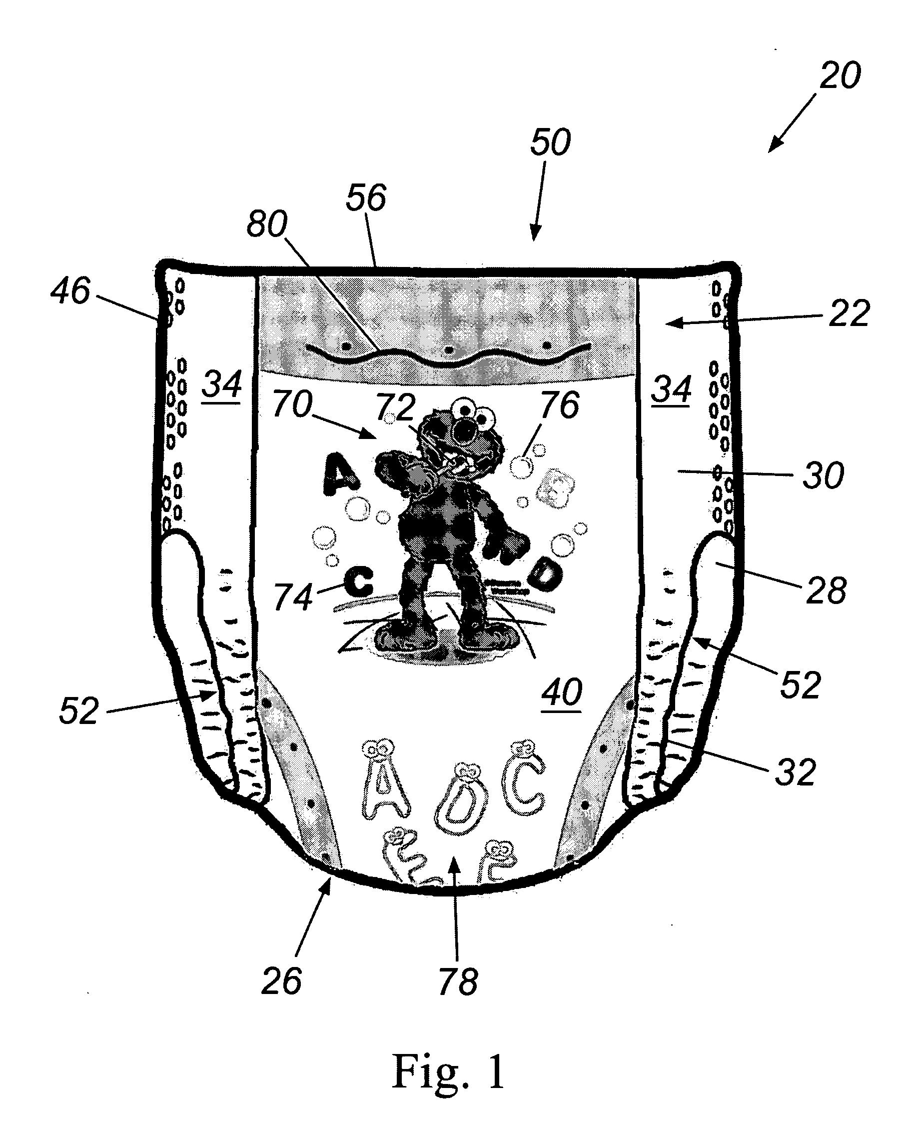 Absorbent articles having wetness-indicating character graphics providing an interactive training aid