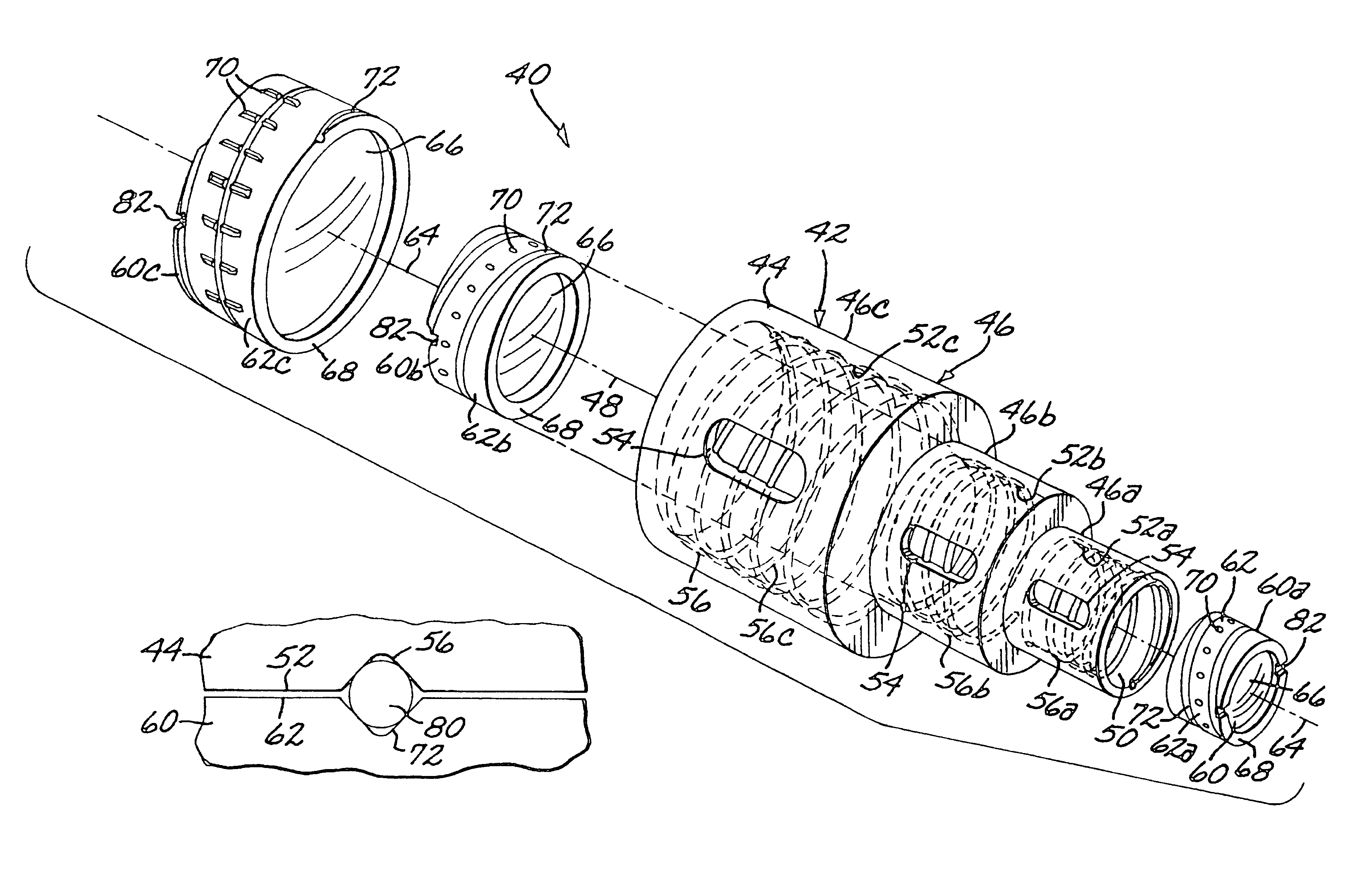 Lens assembly with externally adjustable lens spacing, and method for its assembly