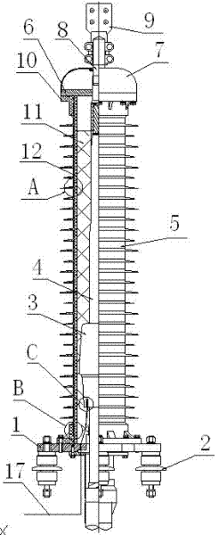 Online monitoring dry type cable terminal with composite external casing and on-site assembling method thereof
