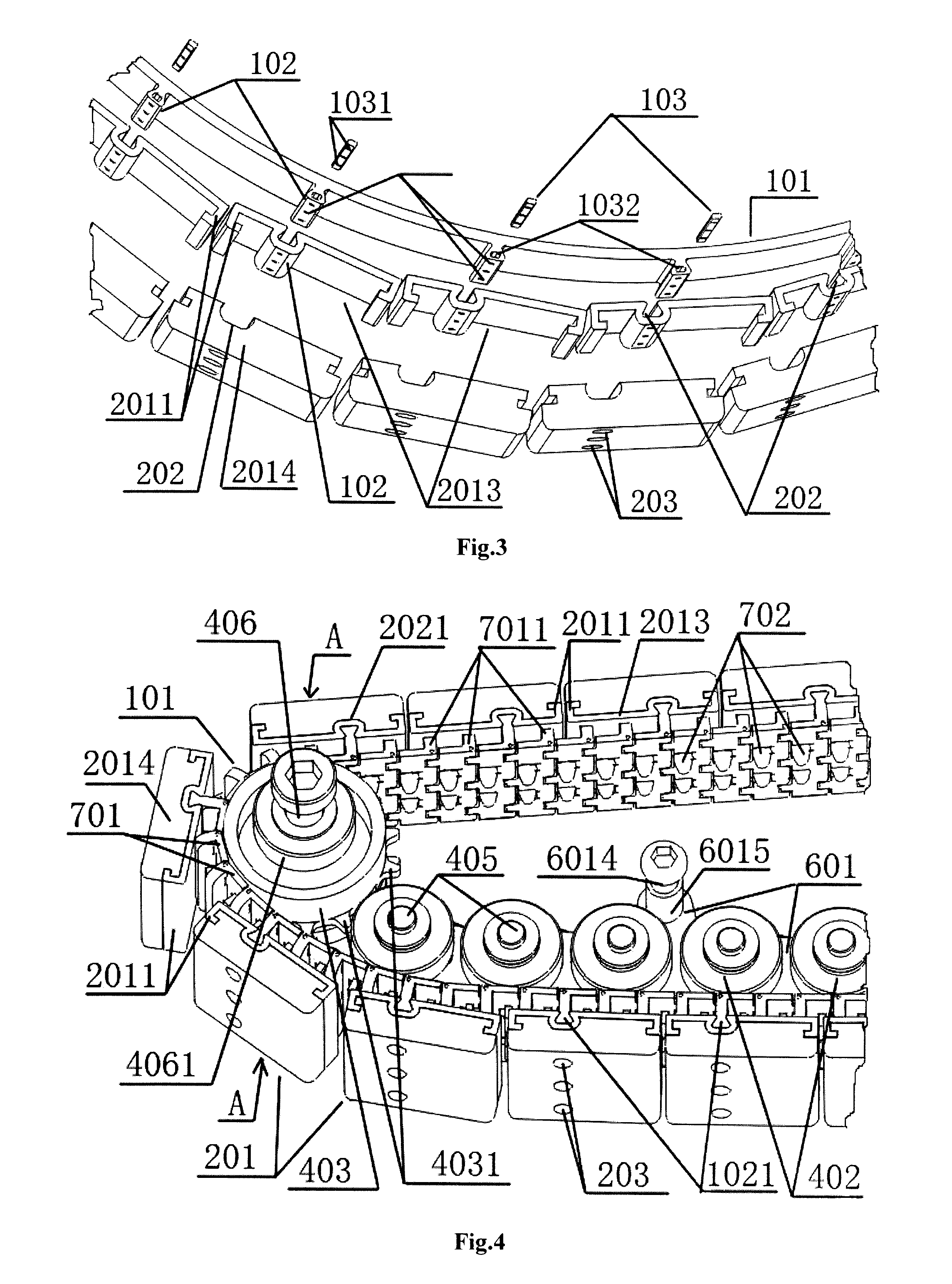 Track wheel with division of work between track and chain, methods for fitting pitch rails to flexible chain and for buffering pre-stress, and open-close type wheel axle