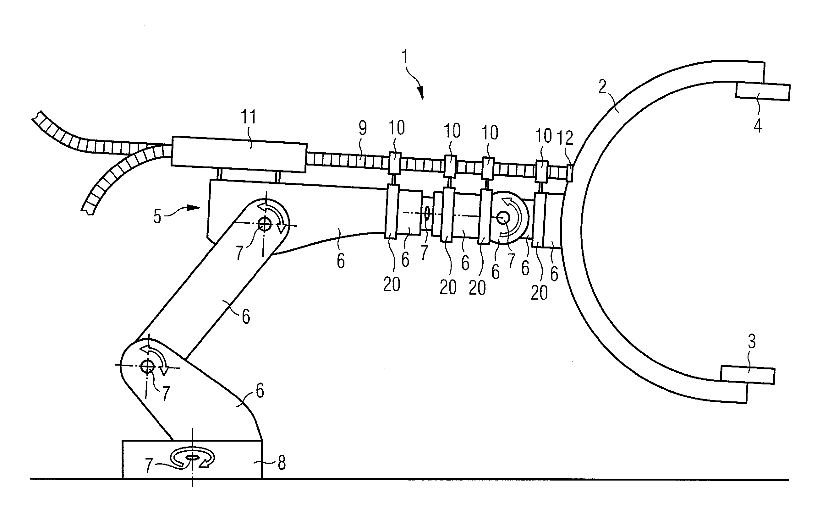 Robot arrangement with a guide element for supply lines