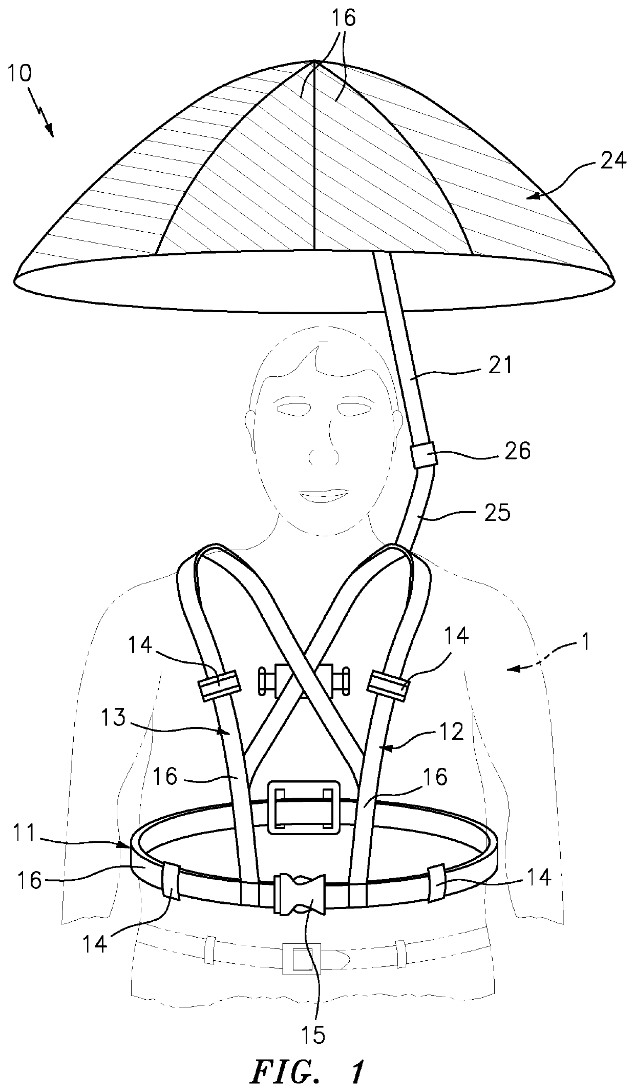 High visibility vest with hands free umbrella device