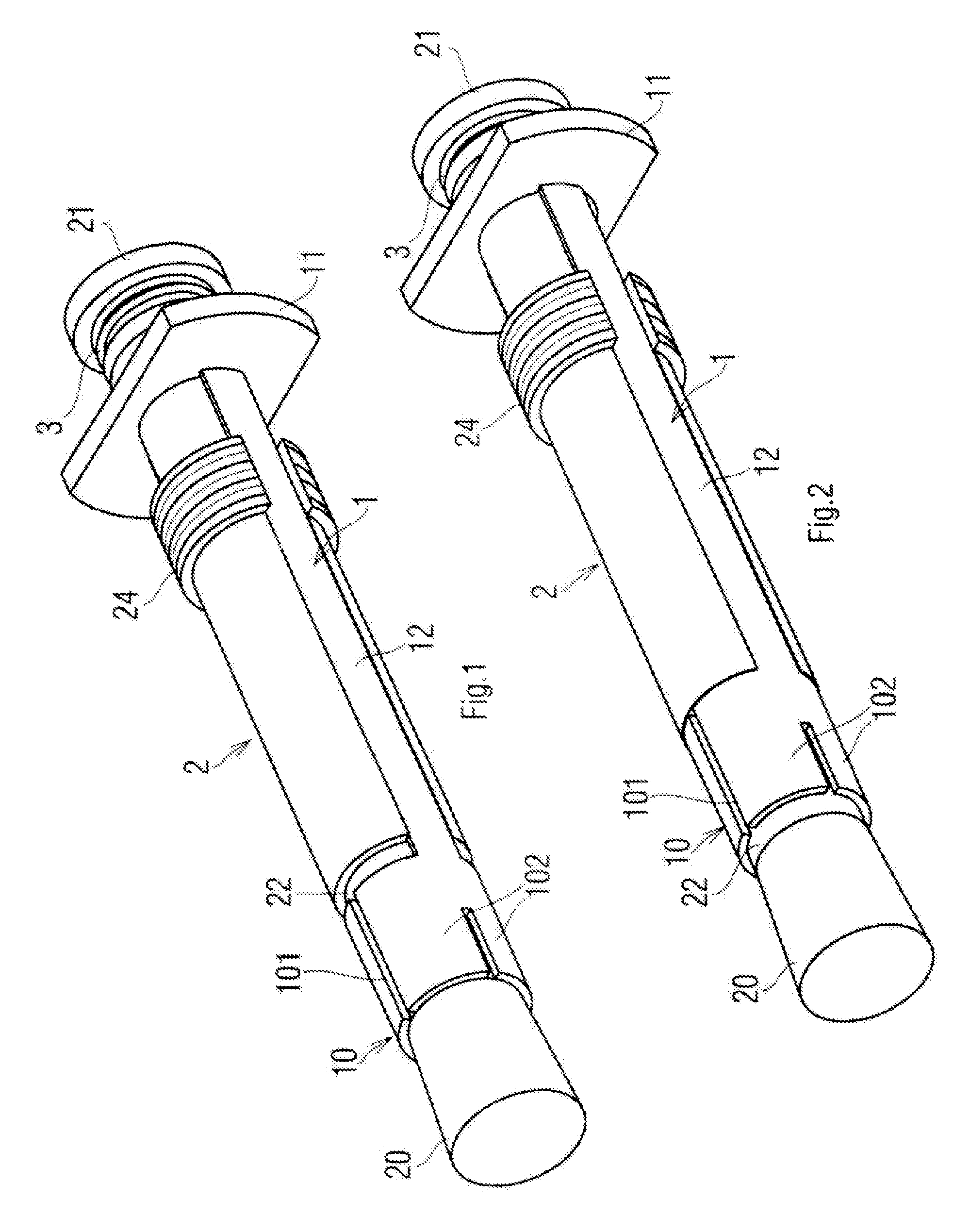 Removable anchoring device usable as a suspension bolt