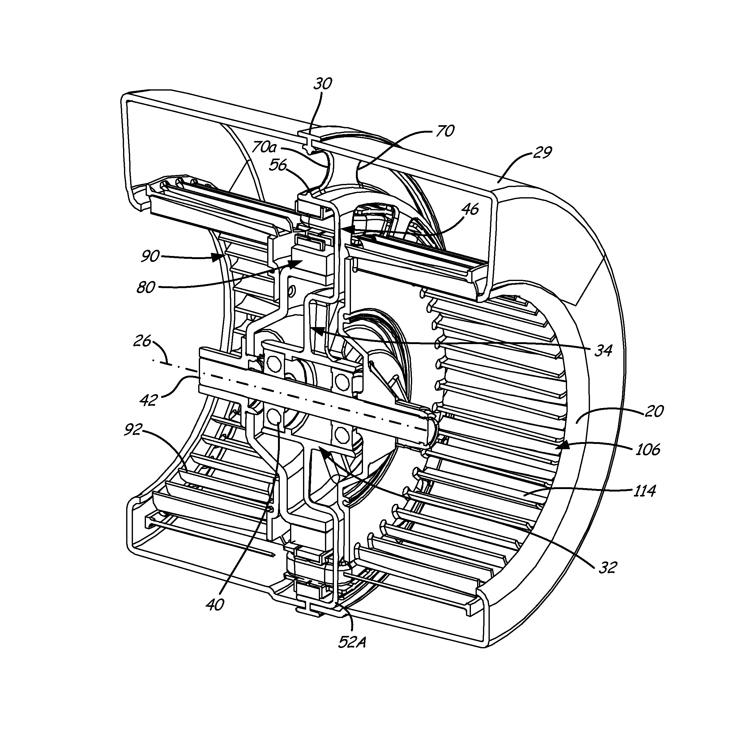 Double inlet centrifugal blower with peripheral motor