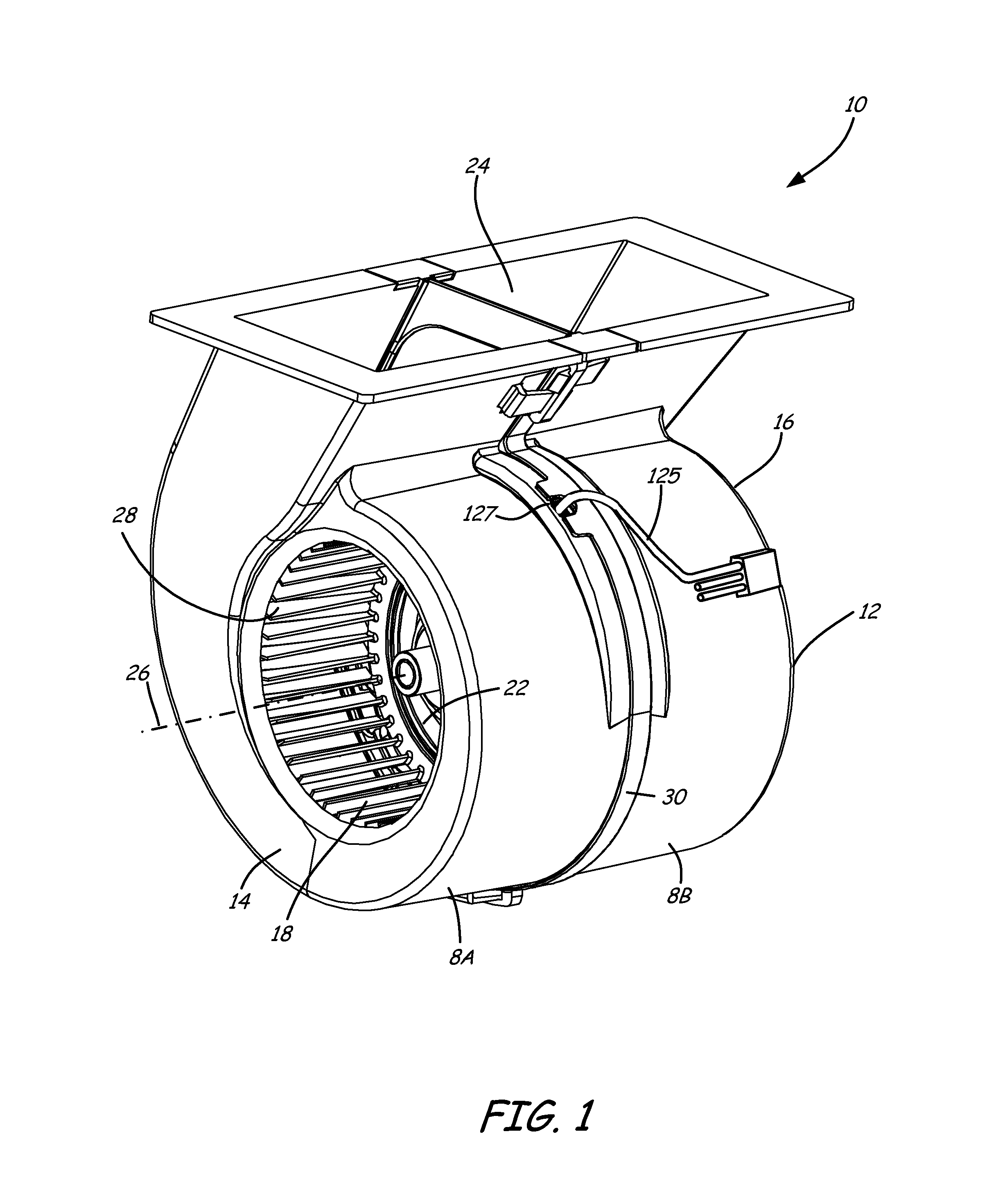 Double inlet centrifugal blower with peripheral motor