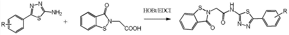 1,3,4-thiadiazole benzisothiazolinone acetamide derivative and synthesis method thereof