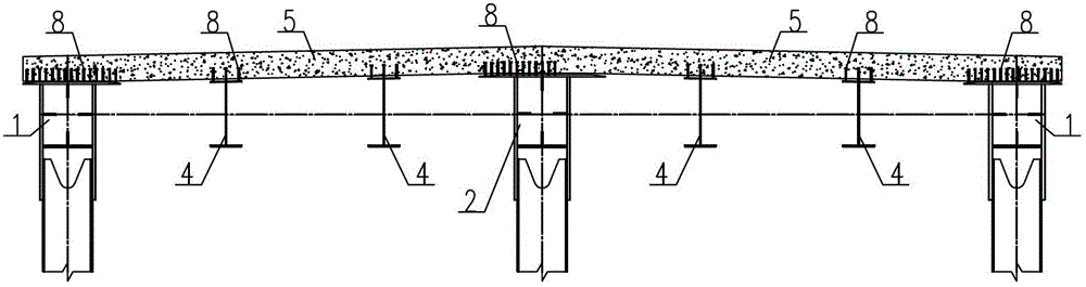 Composite structure of three main trusses, longitudinal beams, transverse beams and concrete slabs