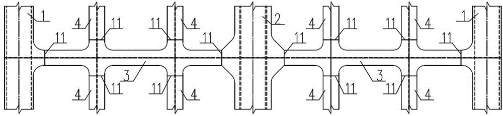 Composite structure of three main trusses, longitudinal beams, transverse beams and concrete slabs