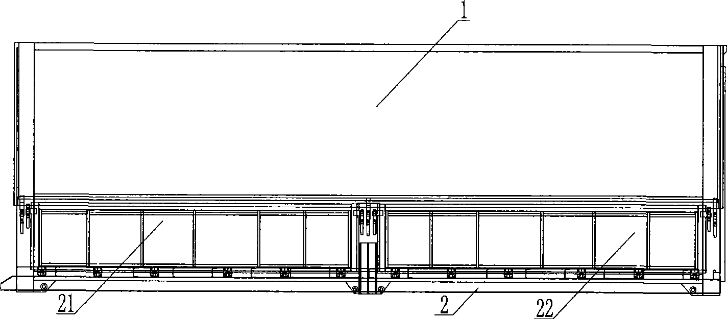 Wing opening box and trucks and container equipped therewith