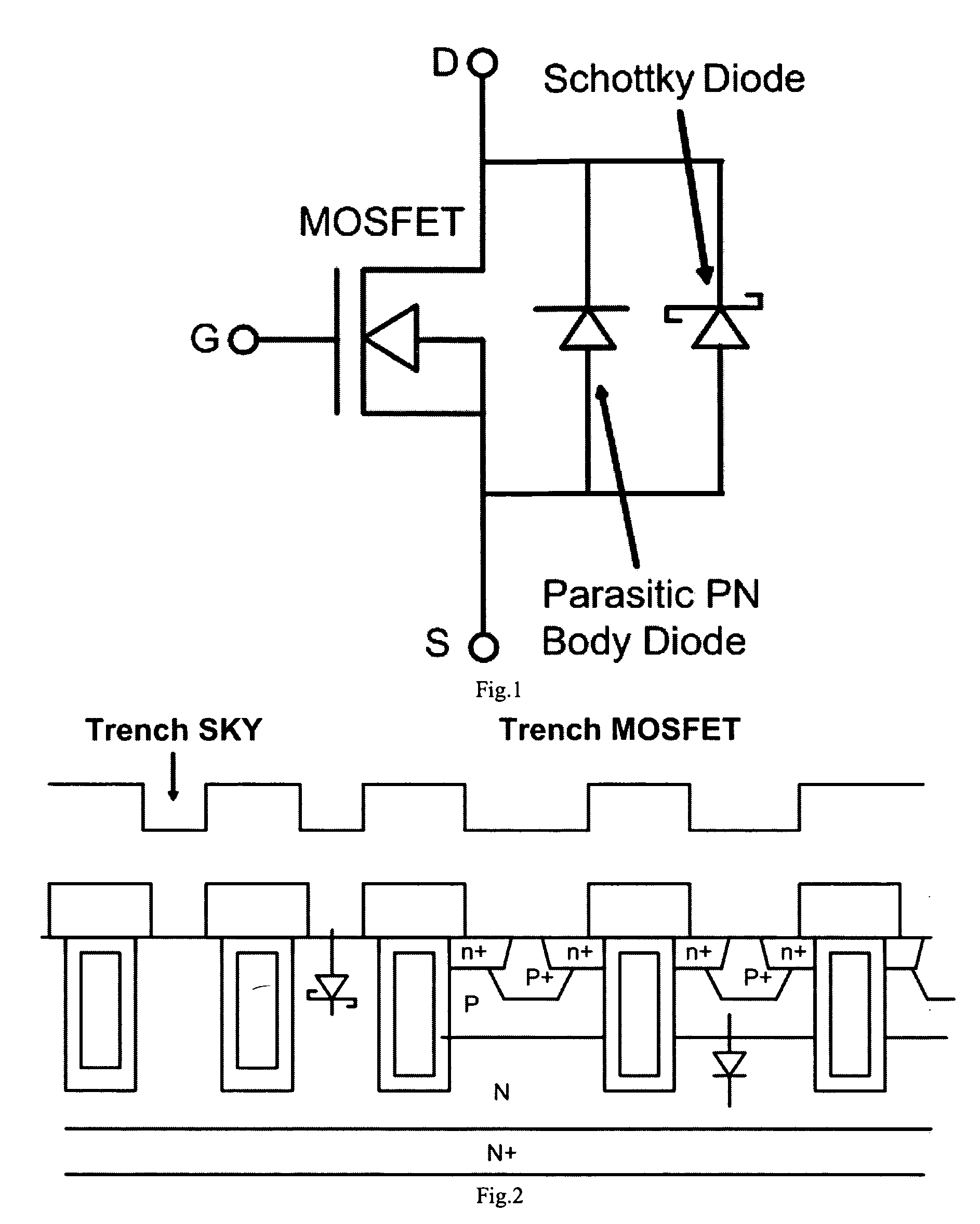 Integrated trench mosfet and junction barrier schottky rectifier with trench contact structures