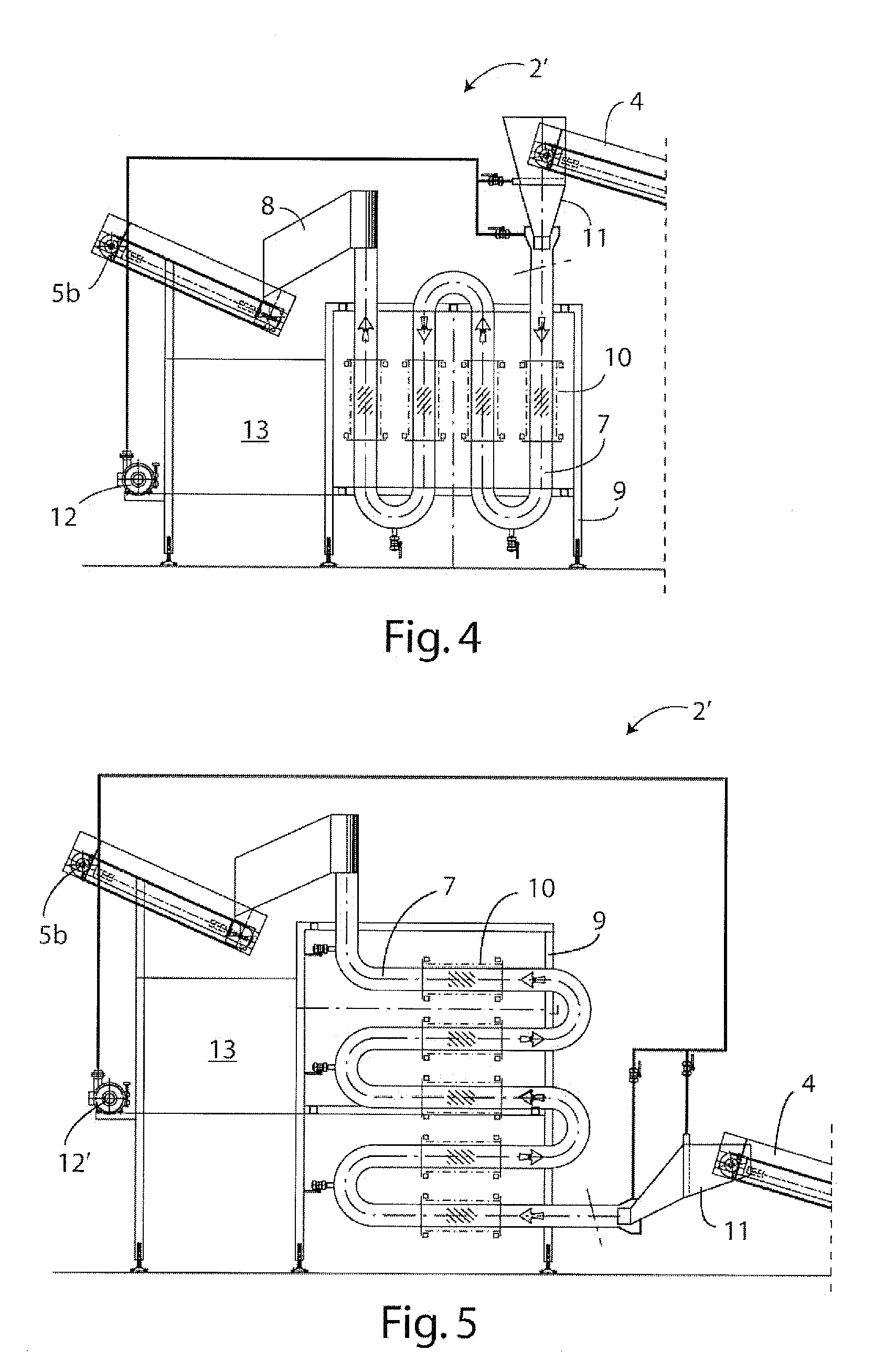 System for transporting and/or washing and/or pasteurisation thermal treatment of foodstuffs, particularly leaf products