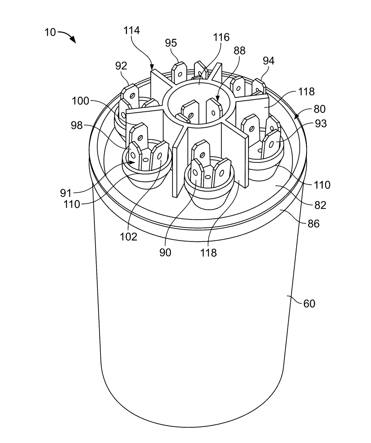 Capacitor with multiple elements for multiple replacement applications