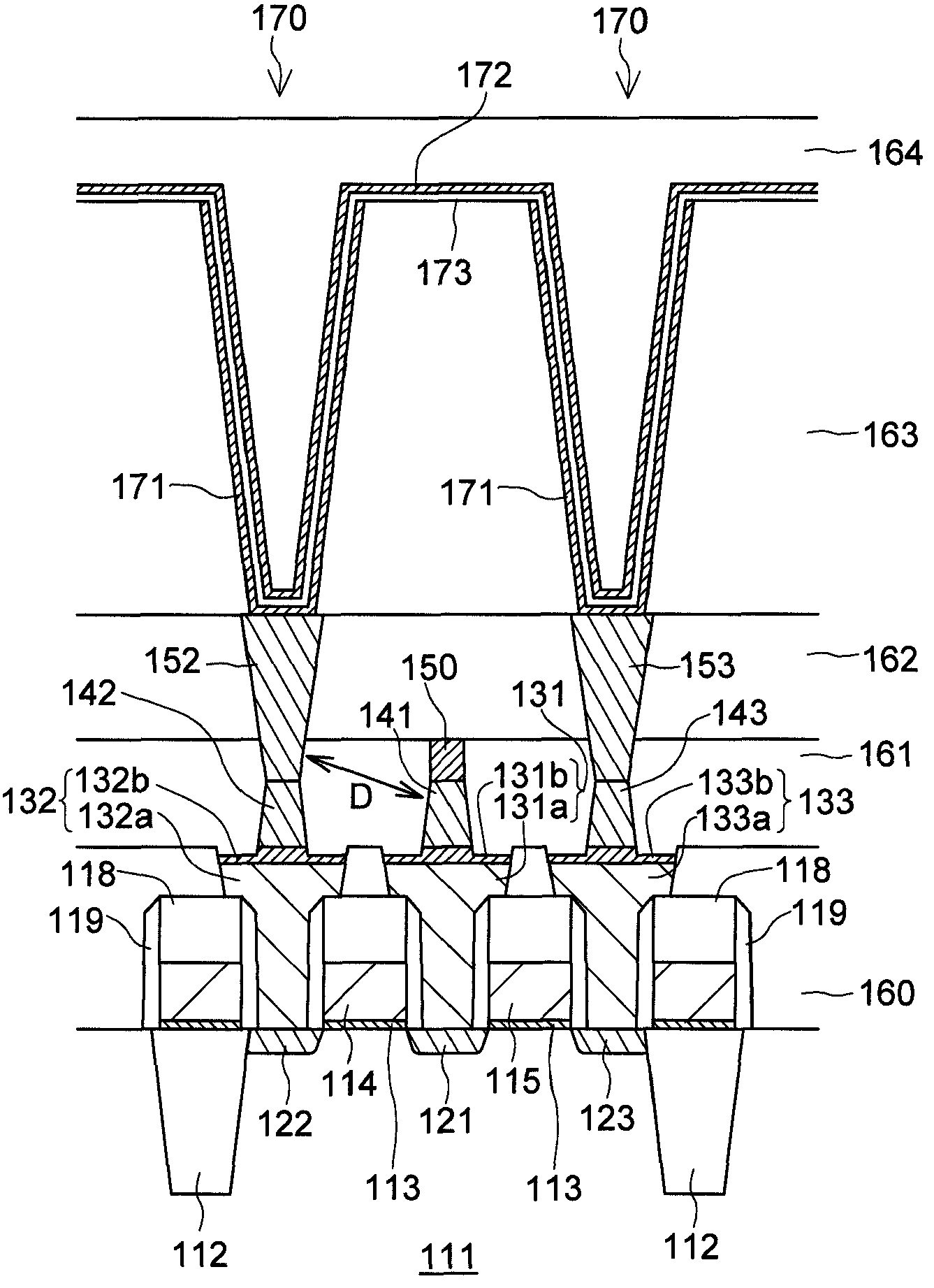 Semiconductor memory device including a contact with different upper and bottom surface diameters and manufacturing method thereof