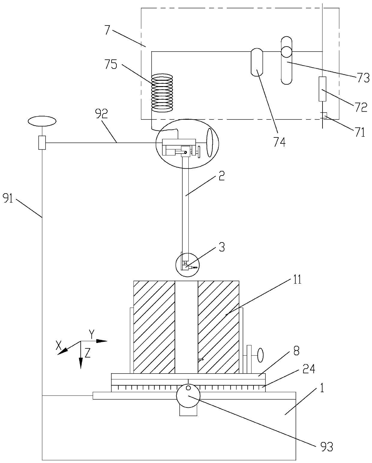 Vertical pre-perforation device in cubic original rock sample borehole and pre-perforation processing method