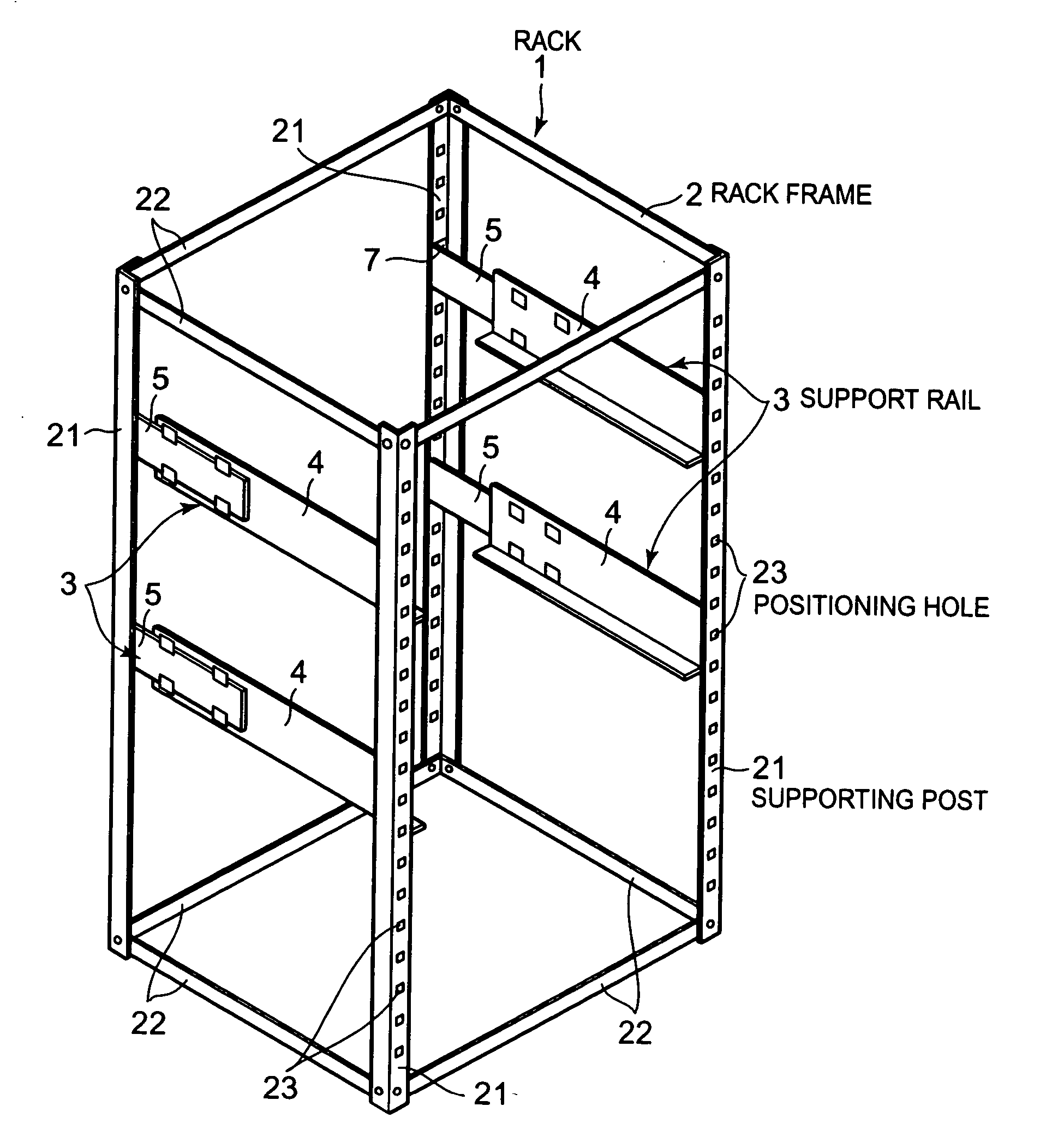 Rack system, adapter, rack frame, support rail, and method of making a rack system