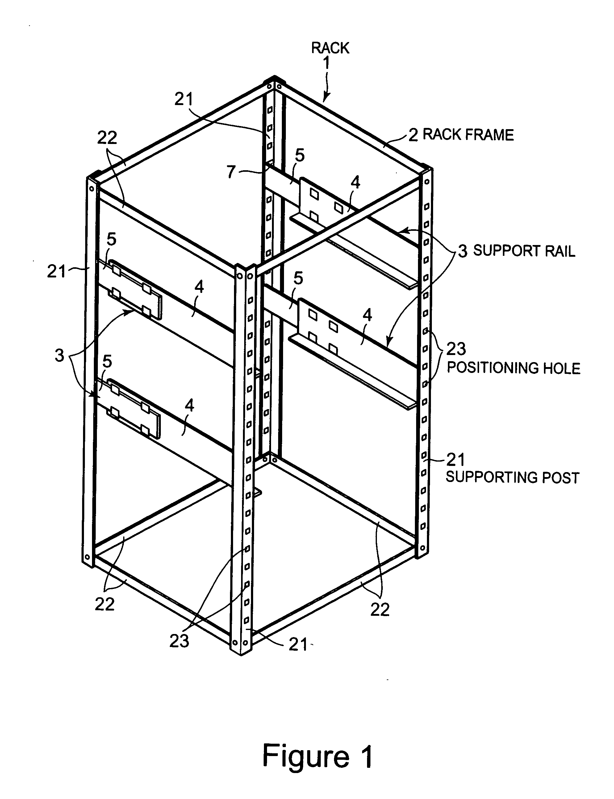 Rack system, adapter, rack frame, support rail, and method of making a rack system