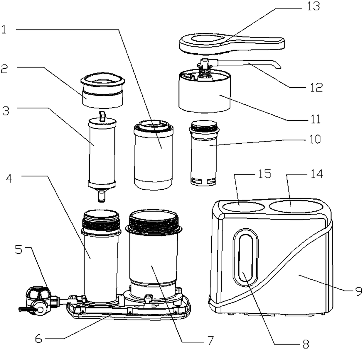 A table-mounted water purifier with a perspective window