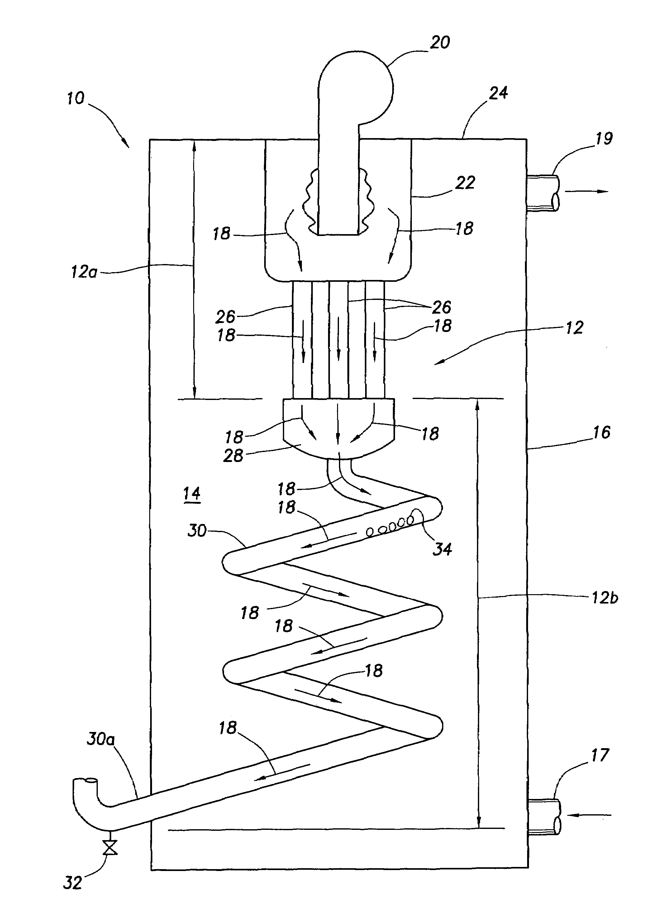 Single pass fuel-fired fluid heating/storage device