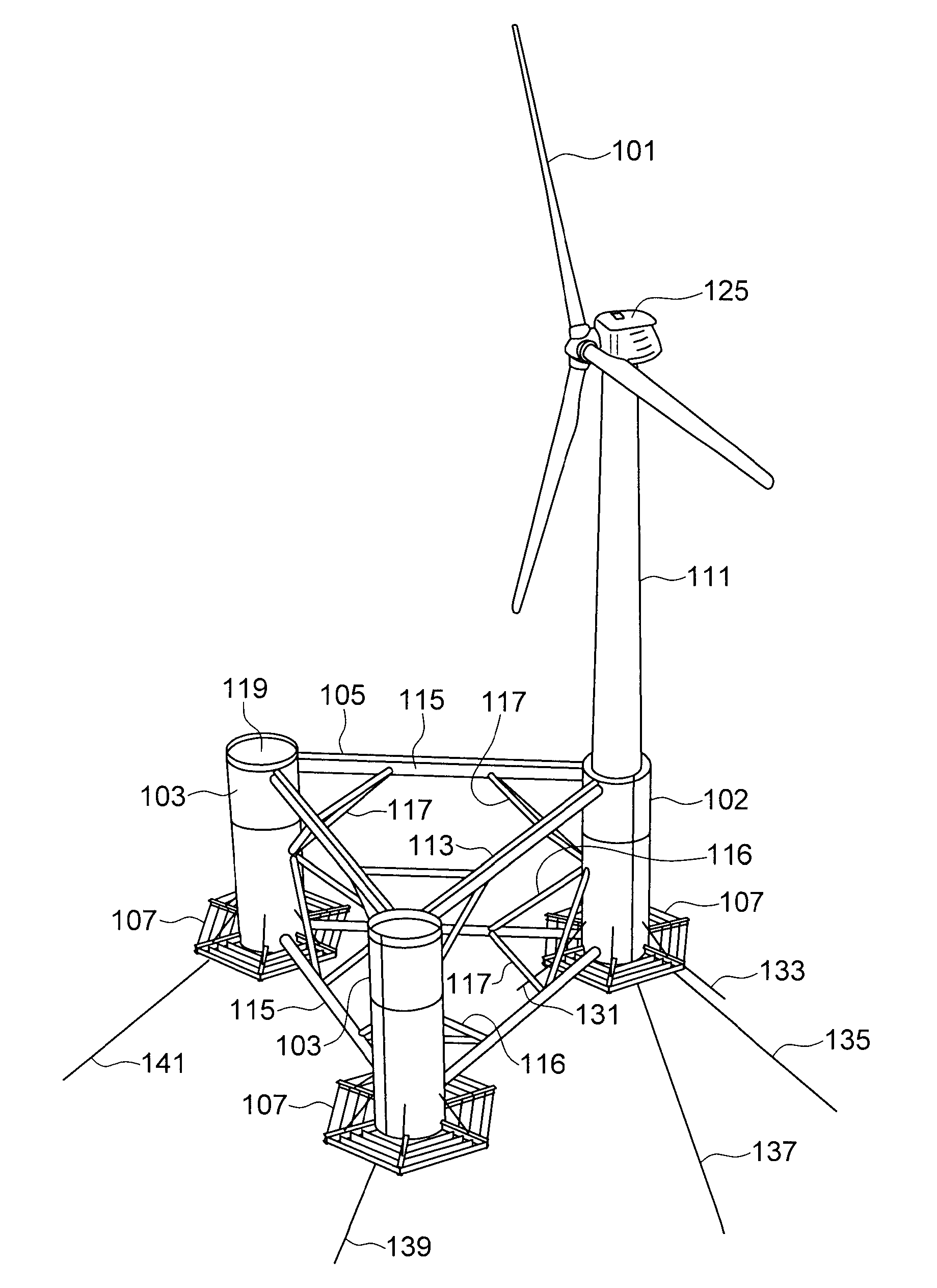 Column-stabilized offshore platform with water-entrapment plates and asymmetric mooring system for support of offshore wind turbines