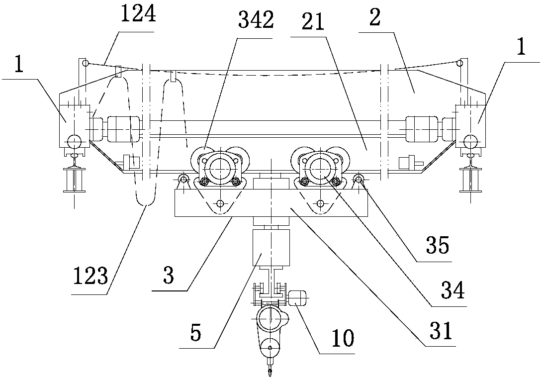 Cantilever crane with underslung trolley and balance end beam bodies and collector slip ring