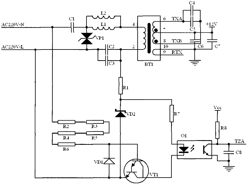 Alternating current mains supply isolation zero crossing checking circuit combined with low-voltage power line carrier wave communication signal coupling