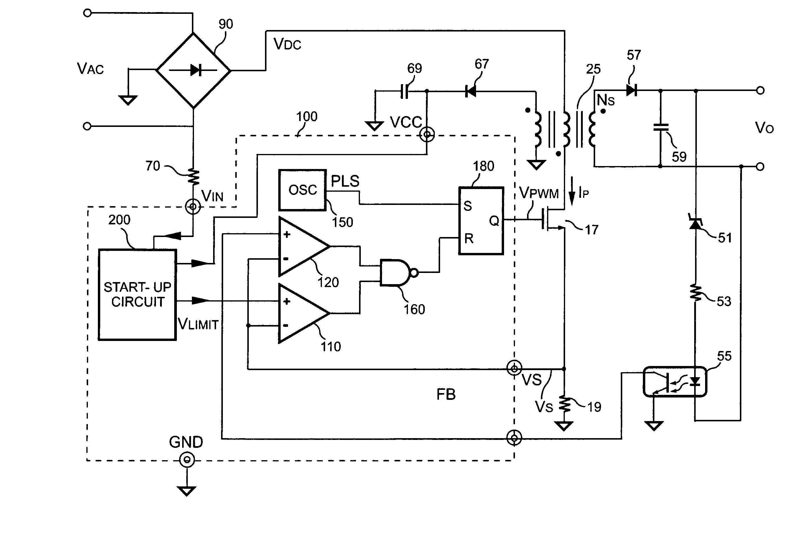 Start-up circuit with feedforward compensation for power converters