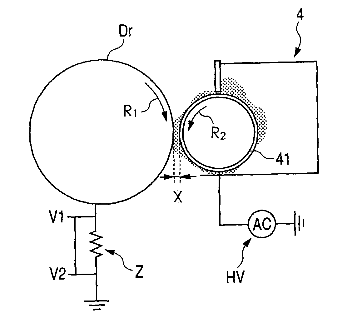 Image forming apparatus using peak AC potentials to move toner toward an image bearing member and a developer carrying member, respectively