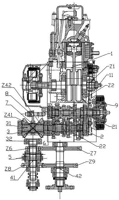 Motor tricycle, transmission system and multifunctional engine with speed reduction and torque increasing functions