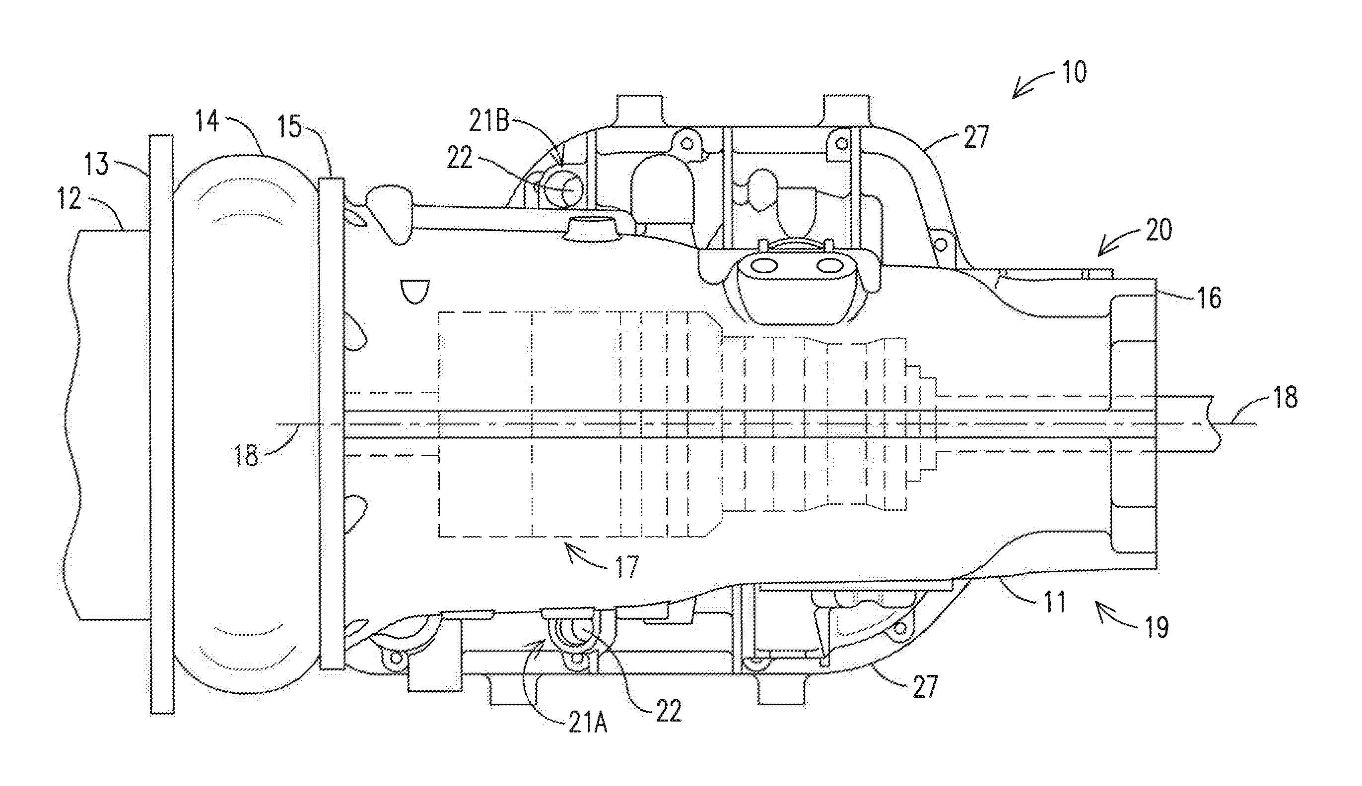 Transmission and transmission housing with multiple dipsticks and dipstick apertures, circumferentially positioned internal lugs and an adjacent fluid inlet port