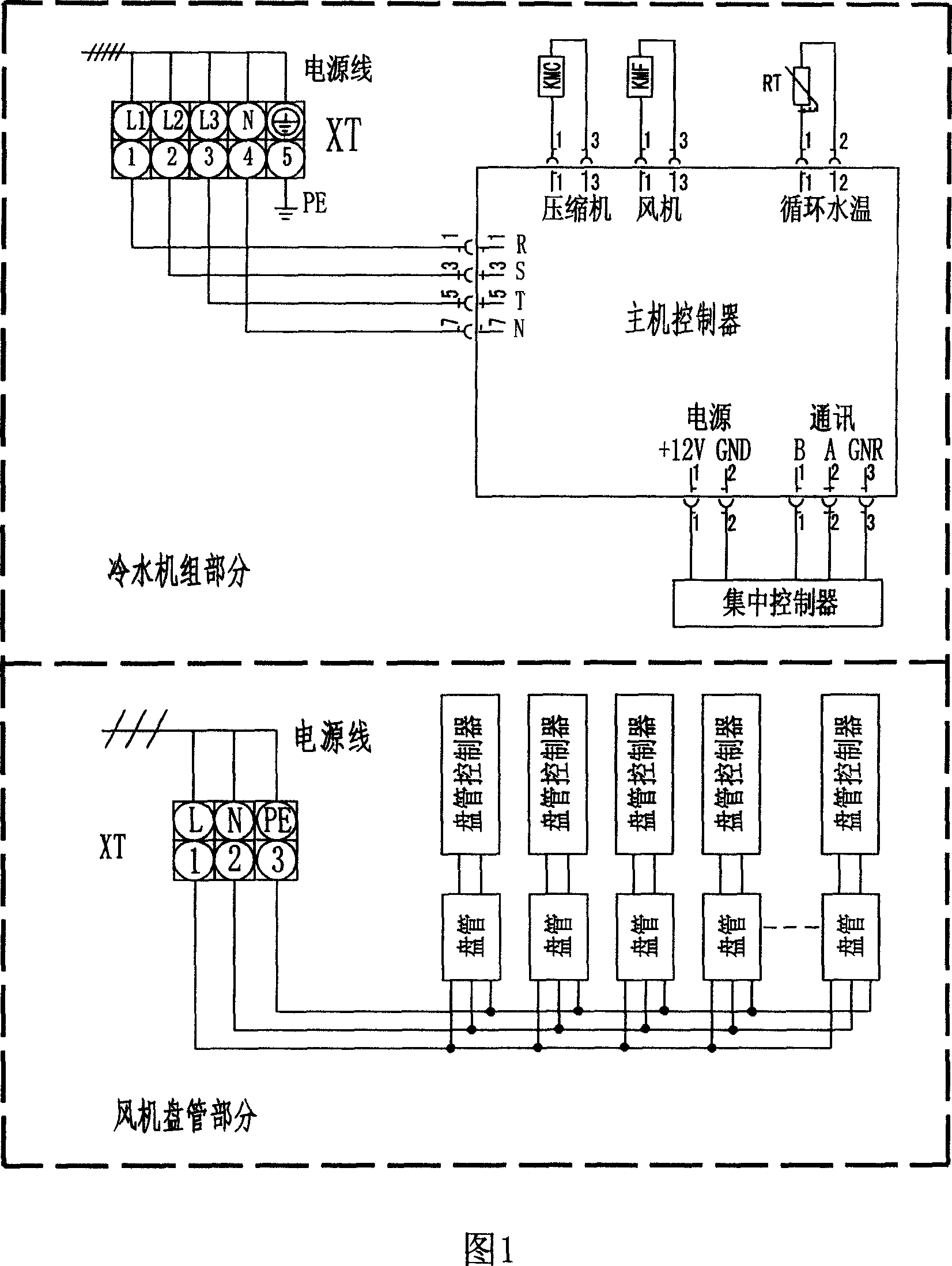 Cooling system for cold and hot water machine set with fan disc pipe