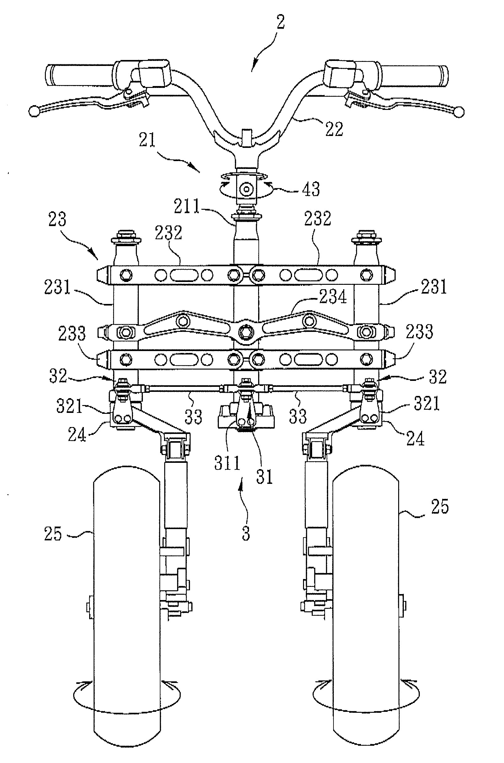 Steering apparatus for a vehicle having two front wheels