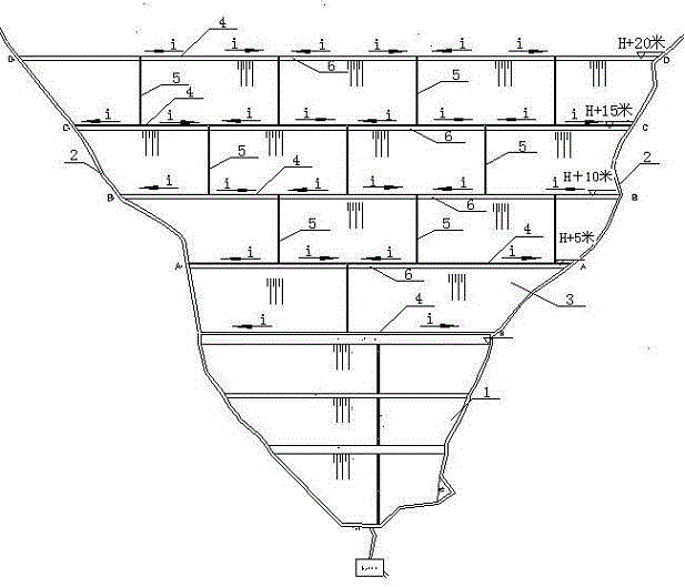 Later-period sub-dam stacking and dam face drainage ditch arrangement mode for tailing pond