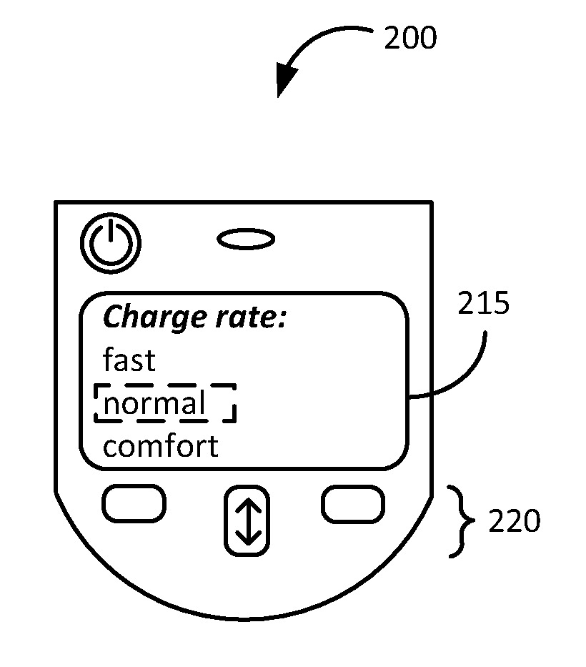 External charger usable with an implantable medical device having a programmable or time-varying temperature set point
