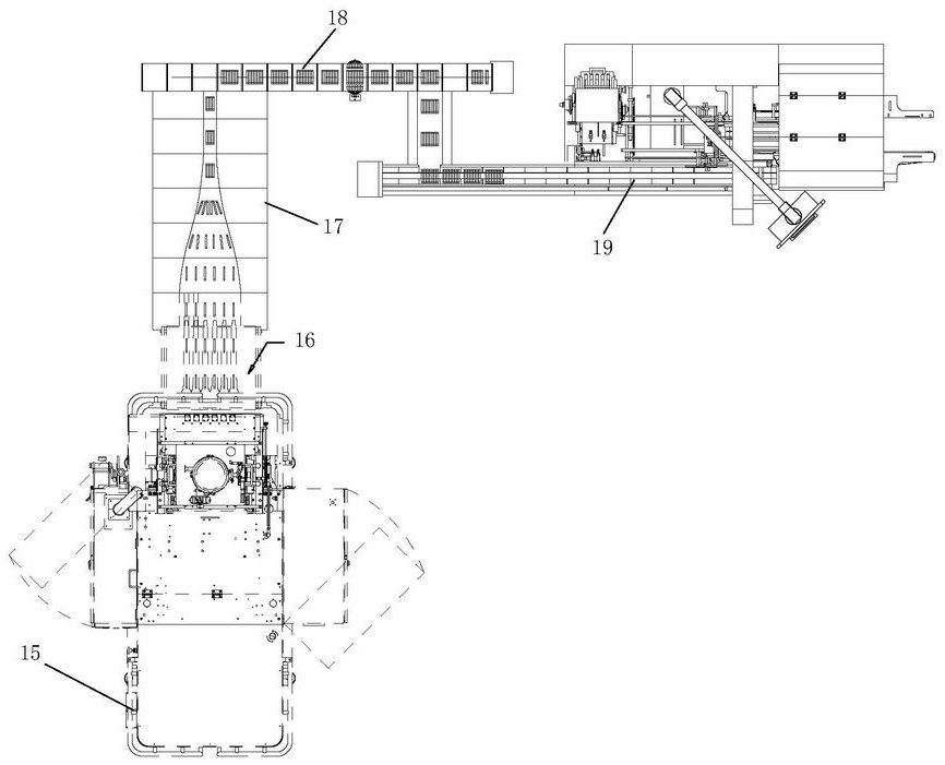 Ordered discharging and line connecting device of particle strip packaging machine