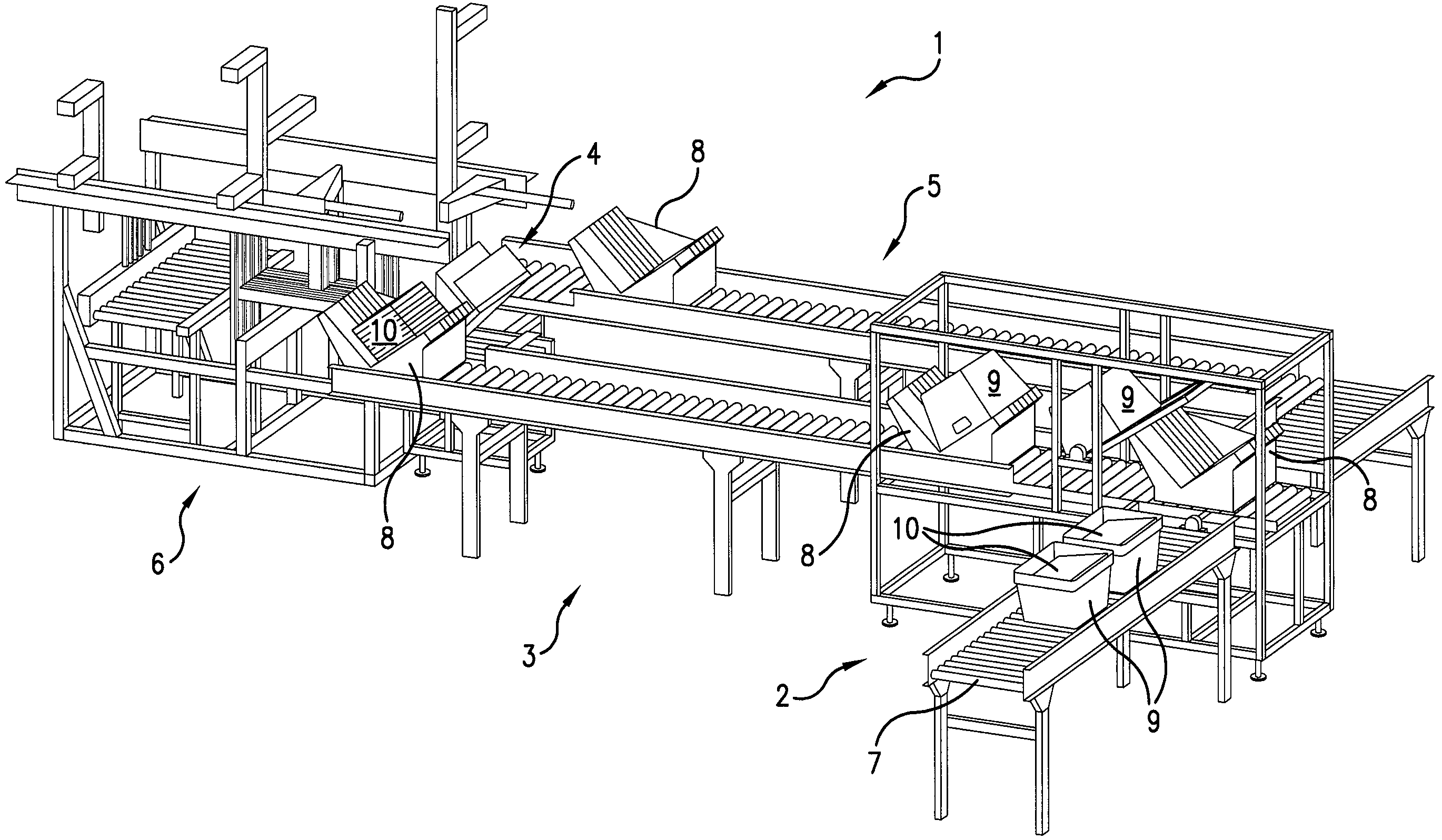 Mail tray unloader with shuttle transfer through system comprising tilting