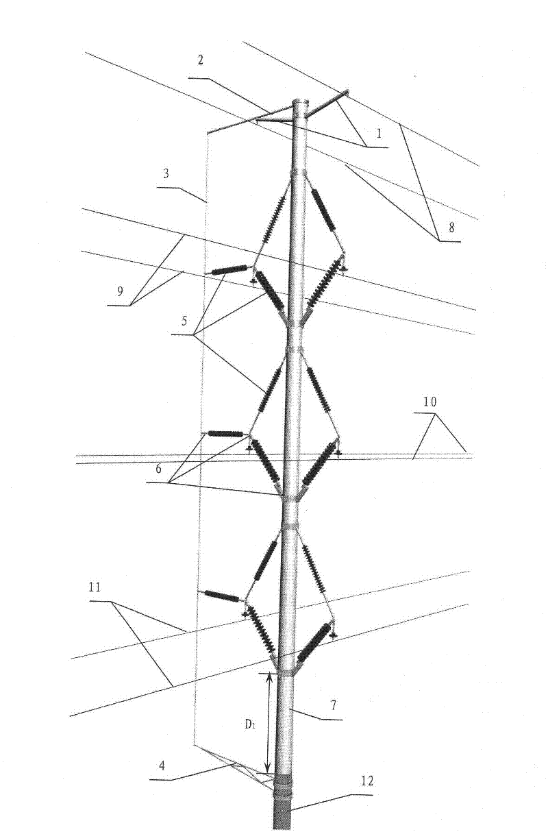 Method for vertical grounding led-down outside composite material pole tower and pole tower thereof