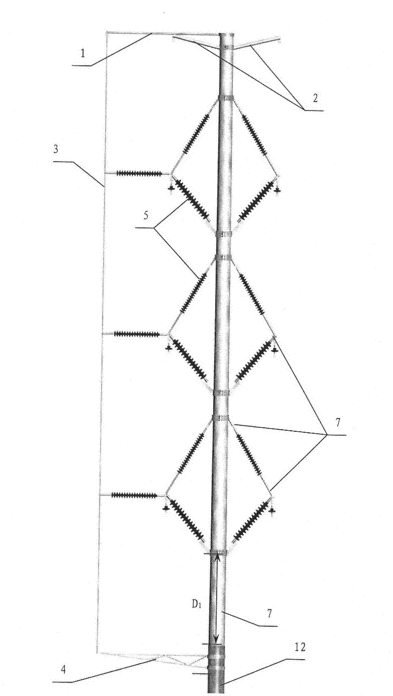 Method for vertical grounding led-down outside composite material pole tower and pole tower thereof