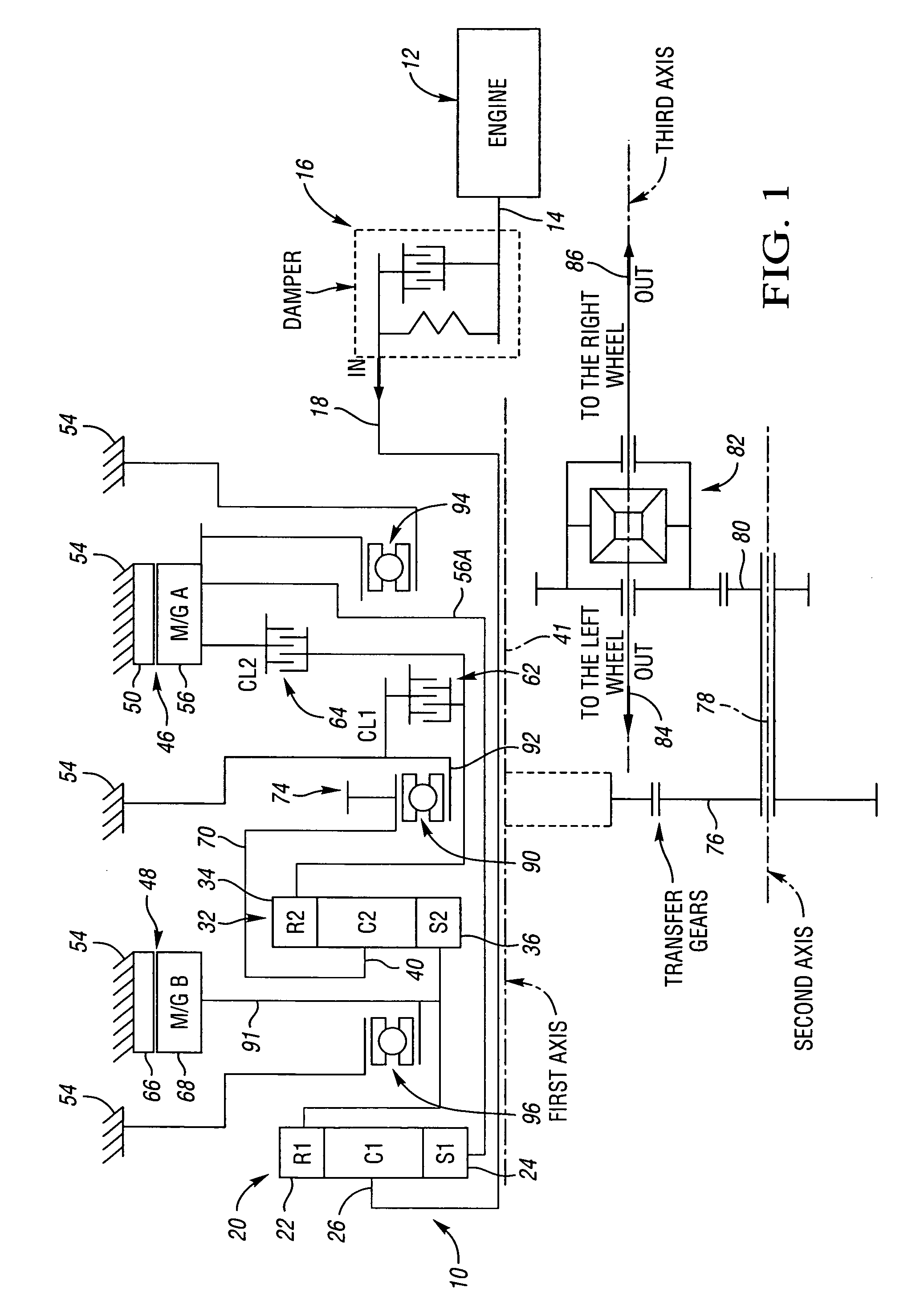 Electrically variable transmission arrangement with transfer gear between gear sets and clutches