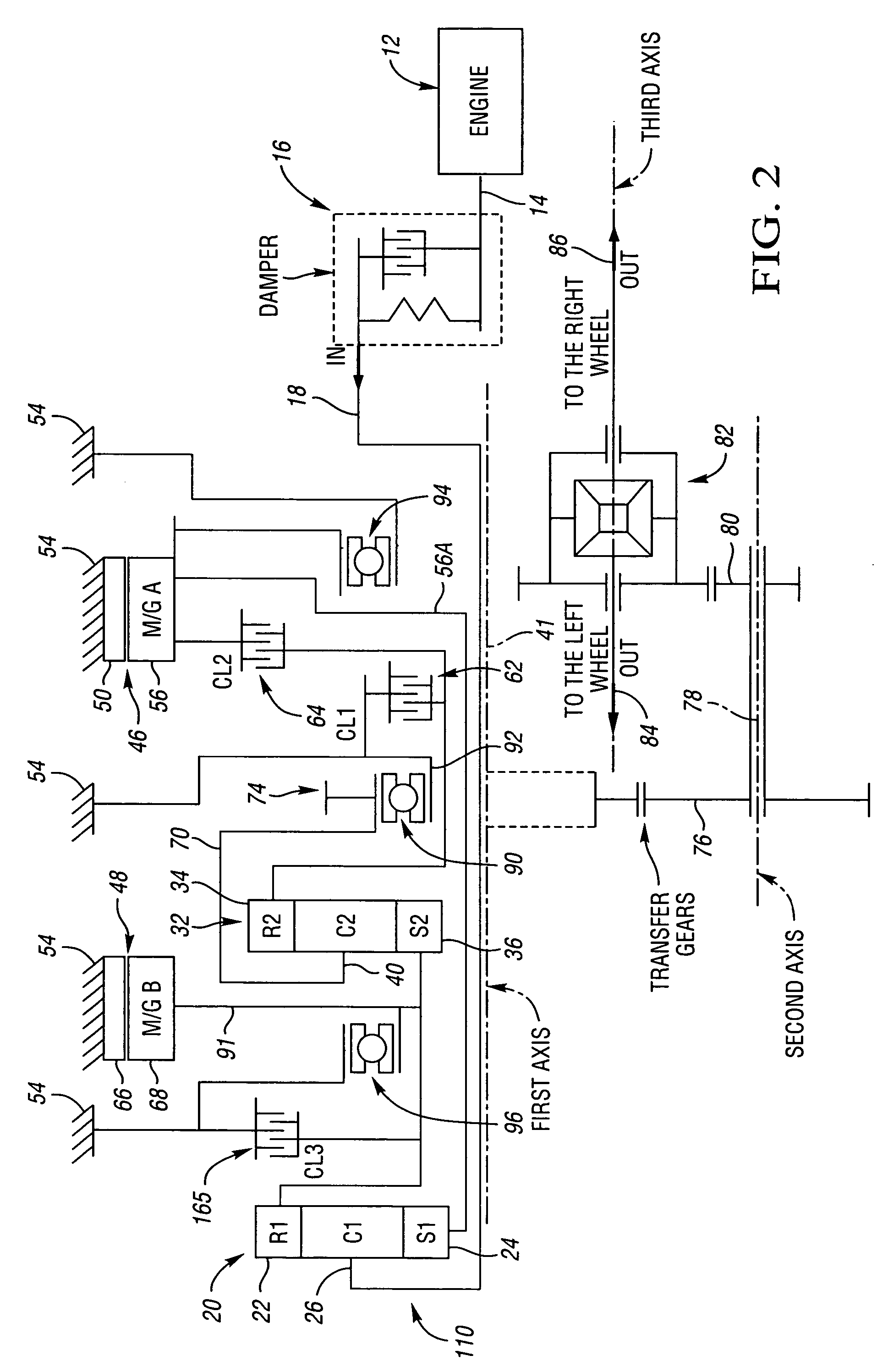 Electrically variable transmission arrangement with transfer gear between gear sets and clutches
