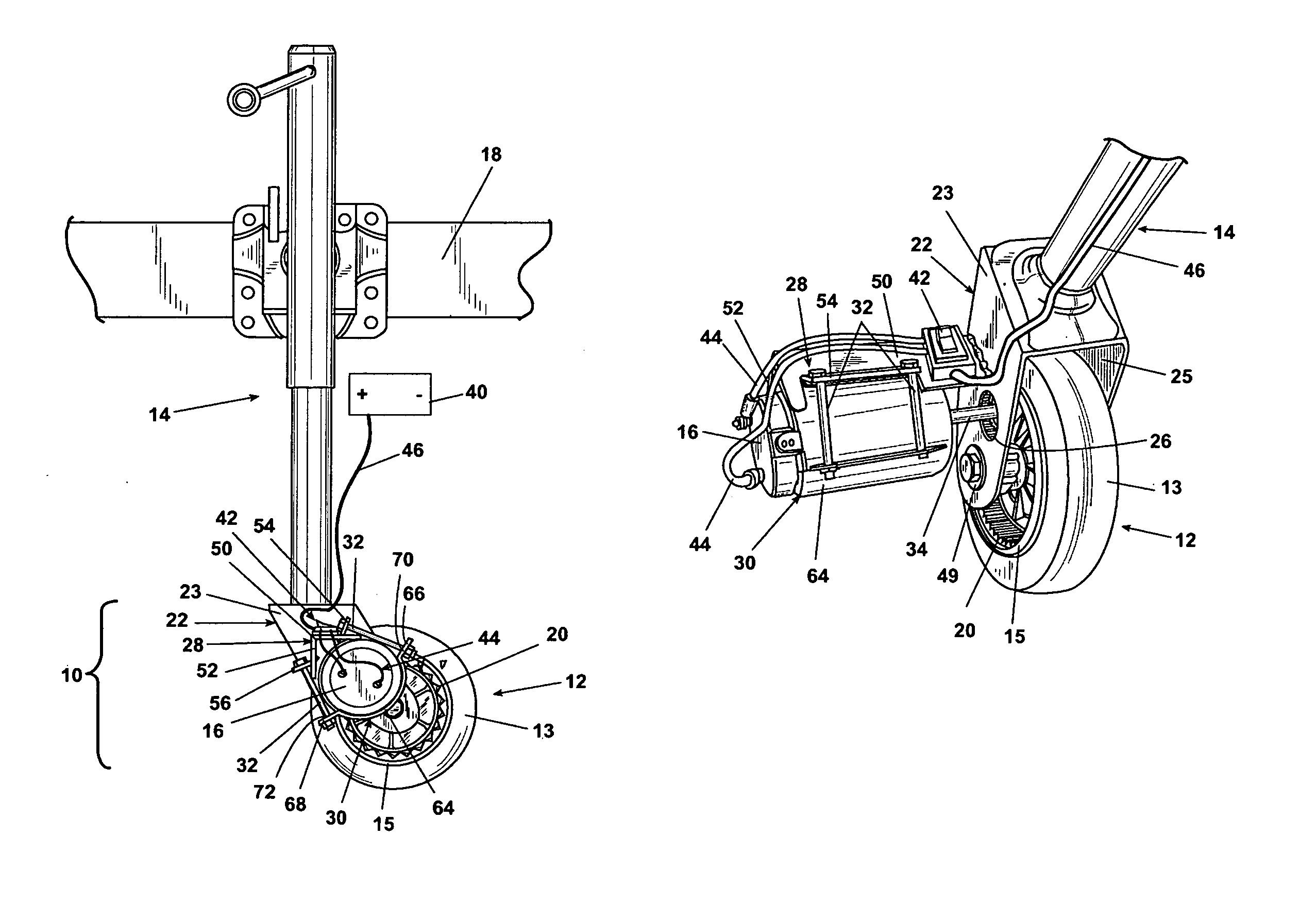 Motorized trailer wheel with direct drive and trailer incorporating same