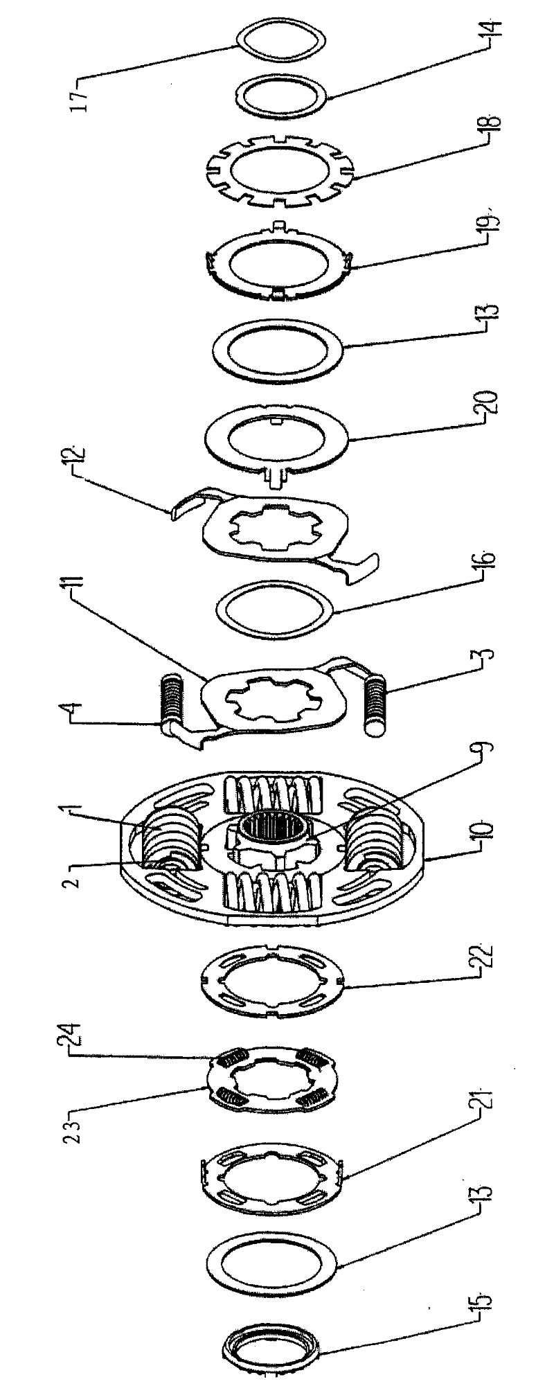 Novel clutch driven disc intersection angle expansion damping device