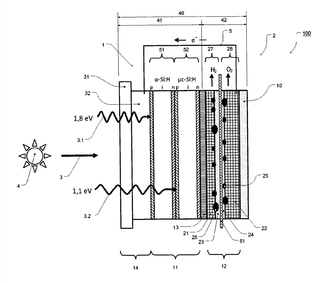 Photoelectrochemical cell, system and process for light-driven production of hydrogen and oxygen with a photoelectrochemical cell, and process for producing the photoelectrochemical cell