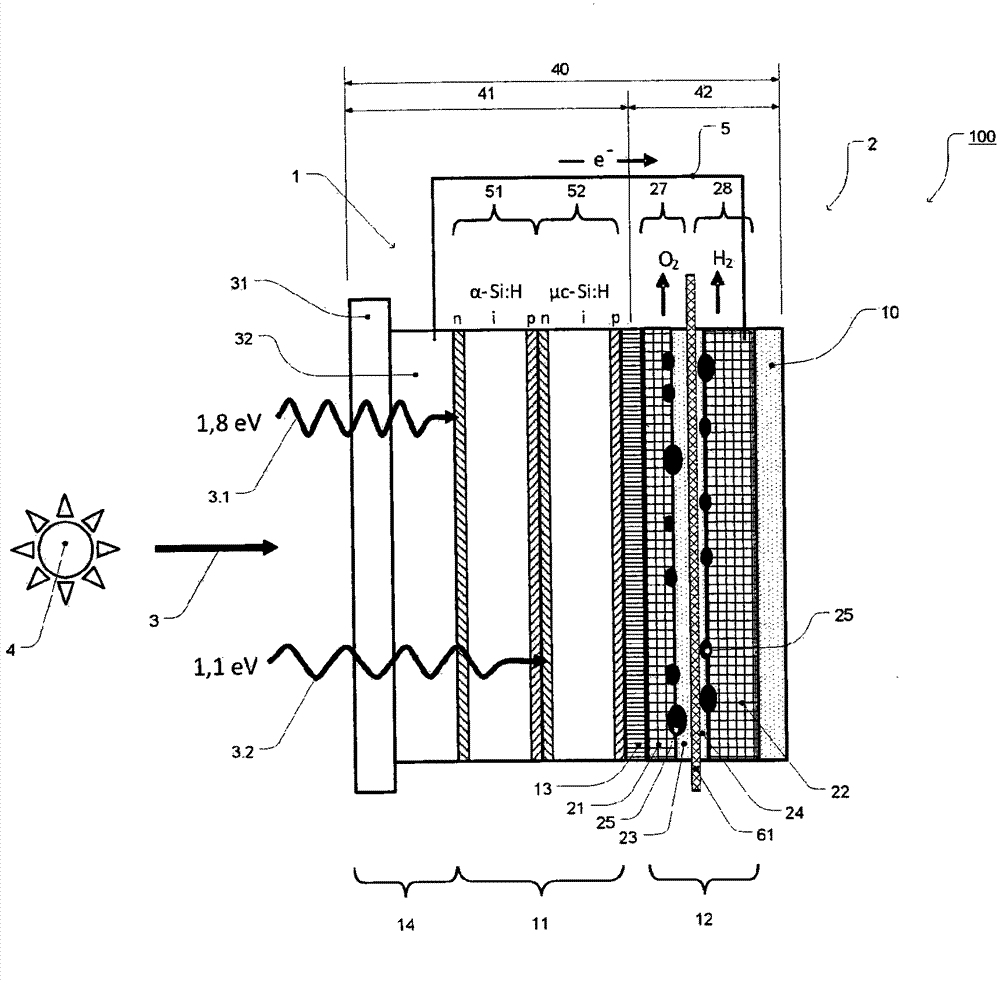 Photoelectrochemical cell, system and process for light-driven production of hydrogen and oxygen with a photoelectrochemical cell, and process for producing the photoelectrochemical cell