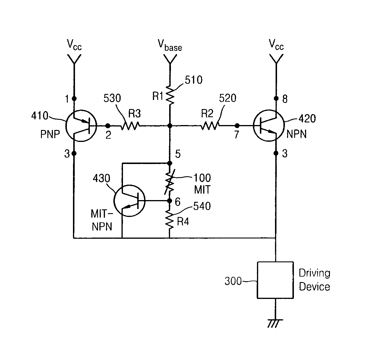 Method and circuit for controlling radiant heat of transistor using metal-insulator transition device
