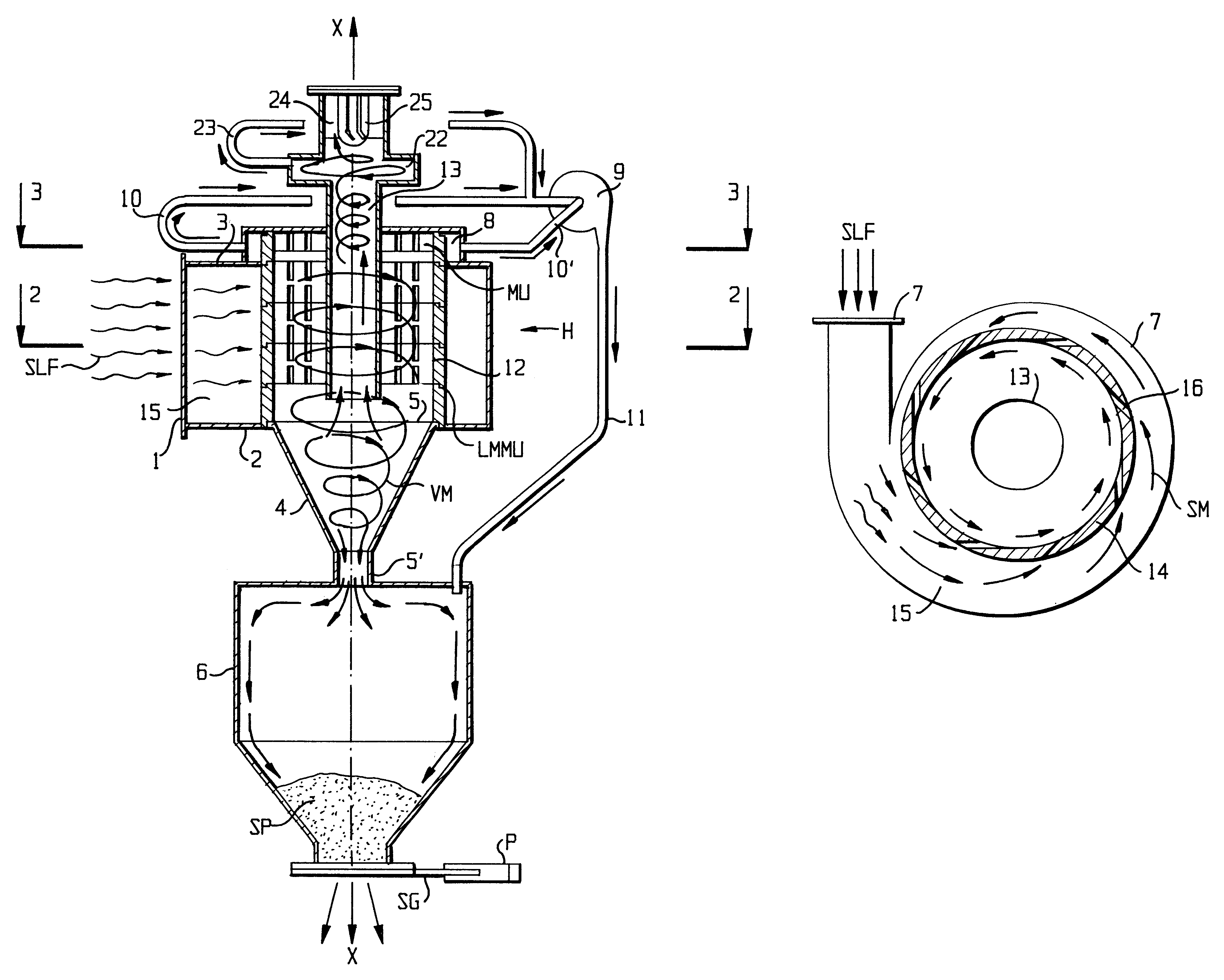 Cyclone separator having a tubular member with slit-like openings surrounding a central outlet pipe