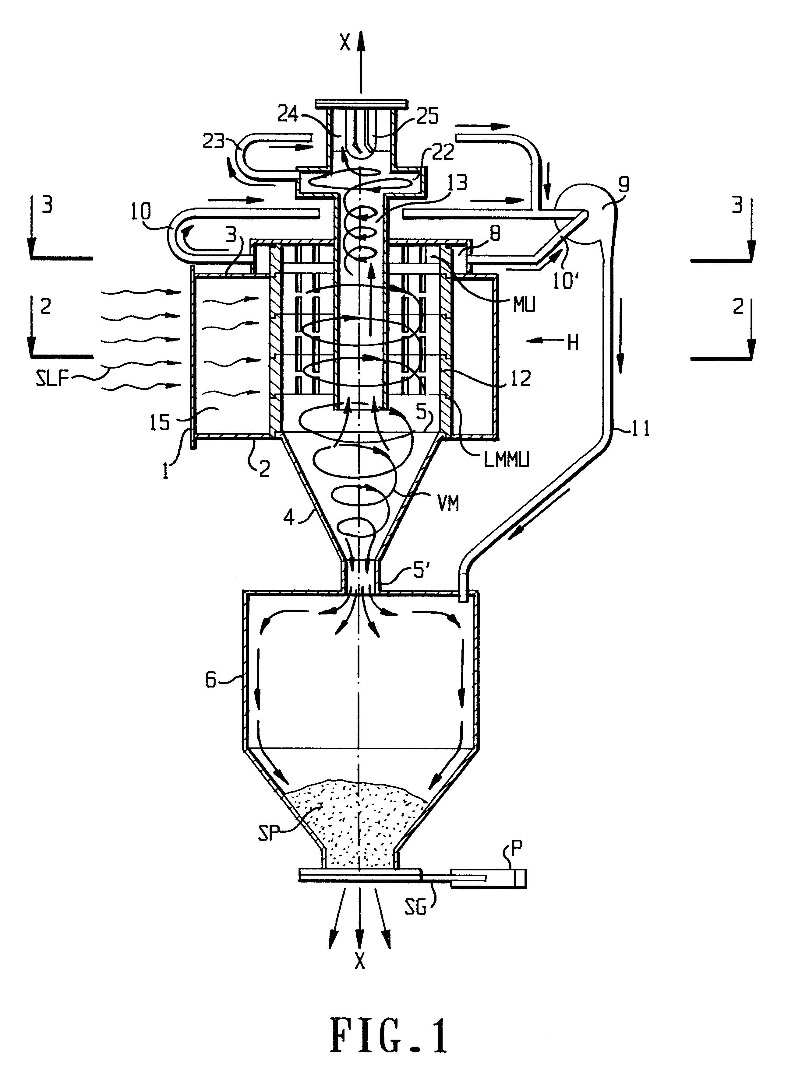 Cyclone separator having a tubular member with slit-like openings surrounding a central outlet pipe