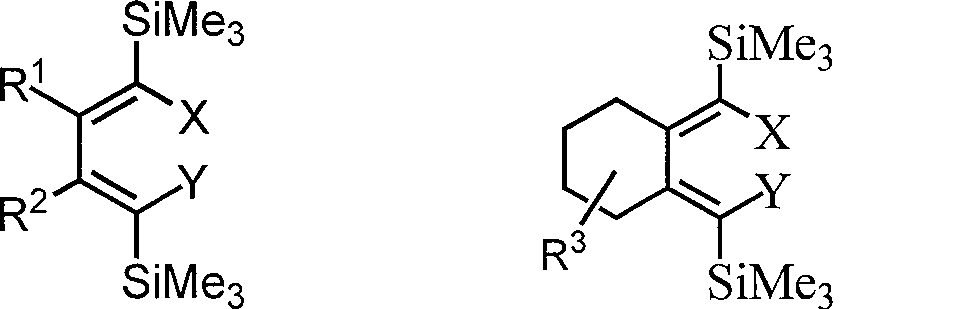 Method for preparing 1,1,4,4-tetrahalogenated-1,3-butadiene derivative by 1,4-dihalogenated-1,4-di(trisilicon methyl radical)-1,3-butadiene derivatives