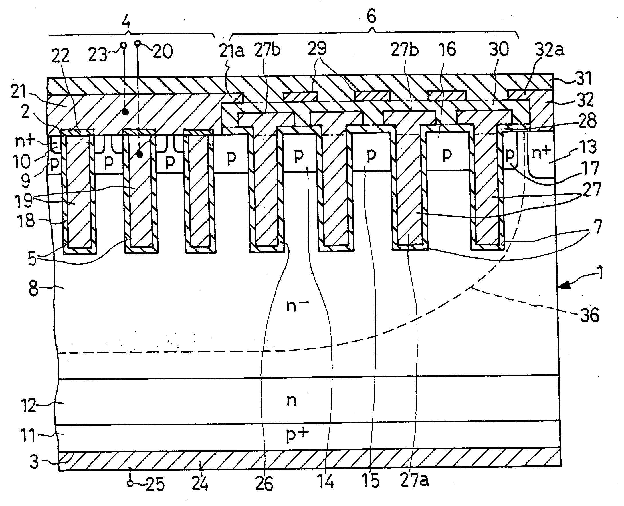 Trench semiconductor device of improved voltage strength, and method of fabrication