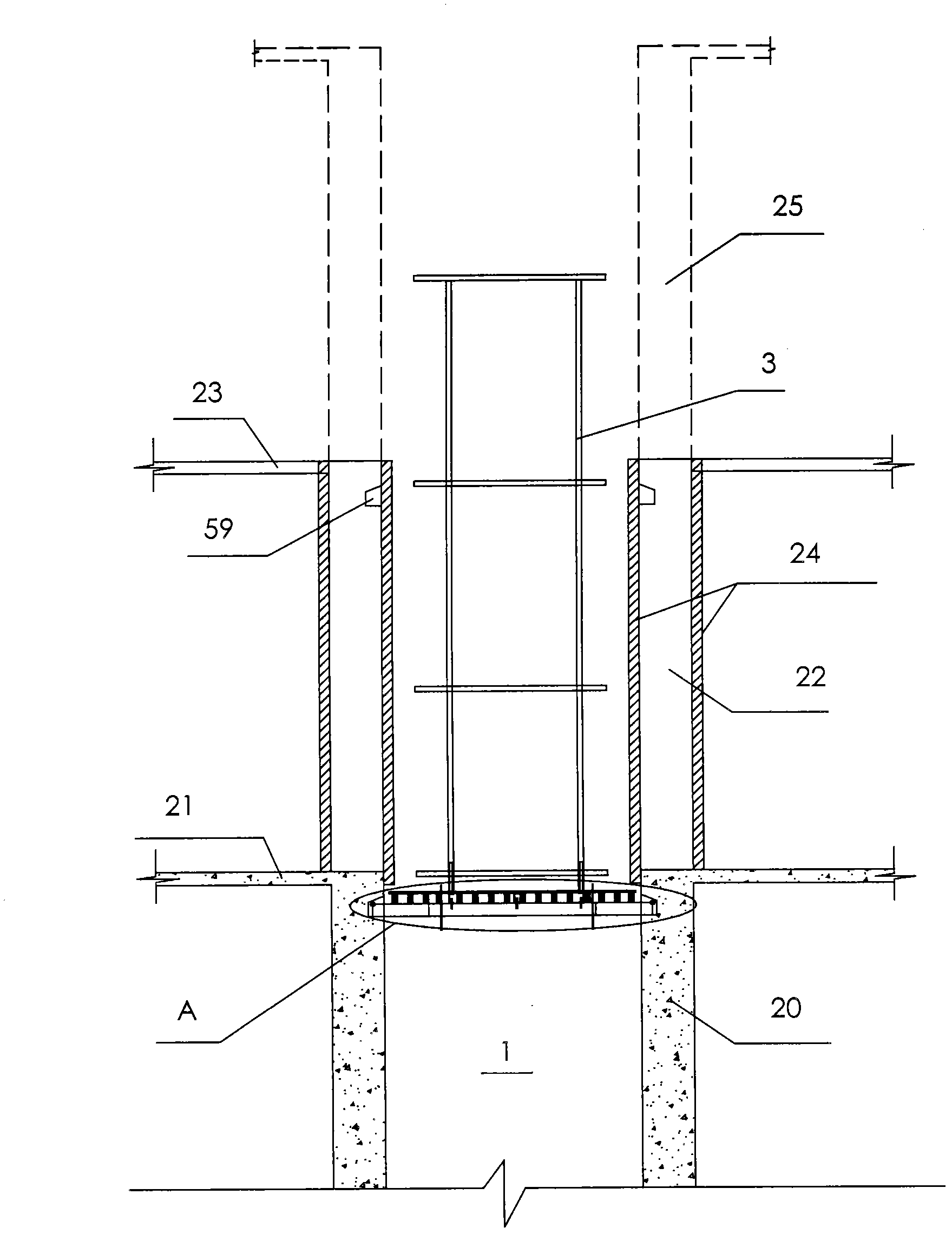 Elevator shaft construction scaffolding device capable of being elevated along with construction layer of building main body structure and method for setting same